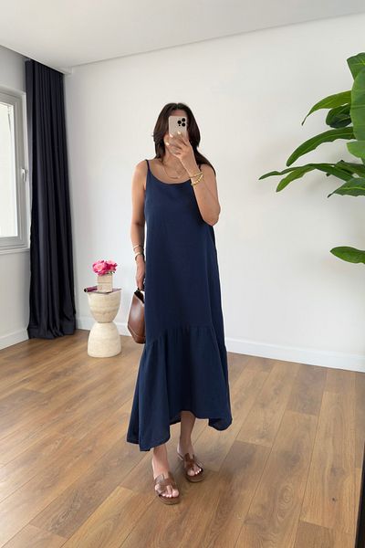 BİRCANÇİL Osy Navy Blue Strap Adjustable Muslin Dress