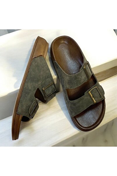 KAFKASLAR AYAKKABI Orthopedic Two-Buckle Men's Khaki Slippers