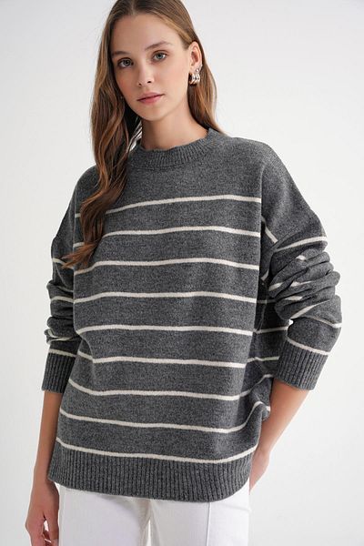 Mixray 6944 Women's Loose Soft Textured Striped Knitwear Sweater Anthracite