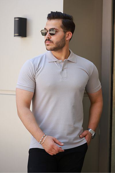 COMBİNE MİCHAİL Men's Basic Short Sleeve Gray Polo Neck T-Shirt