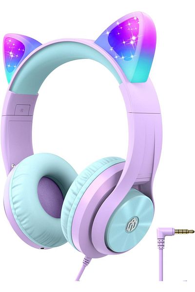 iClever Kids Headphones with Cat Ear Led Light Up, Safe Volume Limited Kids Wired Headphones with Fu