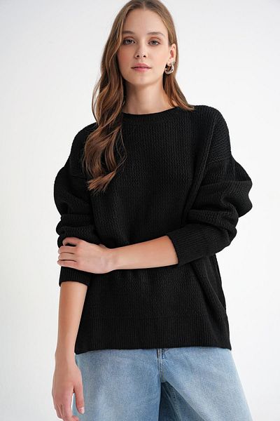 Mixray 6949 Women's Crew Neck Slim Knitted Sweater Black
