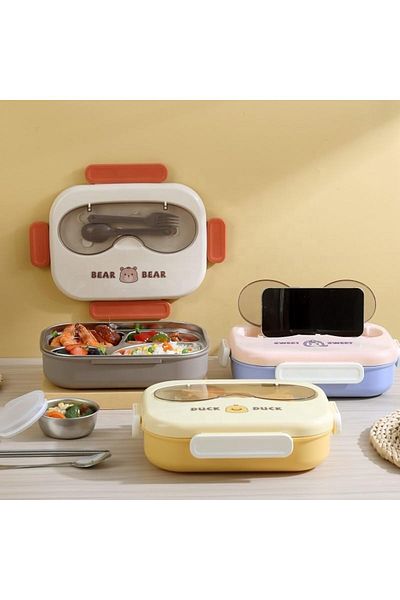 Twisoo Cute Cartoon Bento Stainless Steel Lunch Box Double Decker With Soup Bowl, Plastic Spoon, For