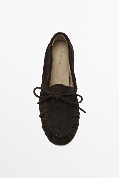 Massimo Dutti Büzgülü fiyonklu yırtmaçlı deri kalın süet makosen