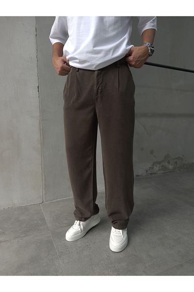 DİFRANSEL Men's Cotton Fabric Coffee Baggy Trousers
