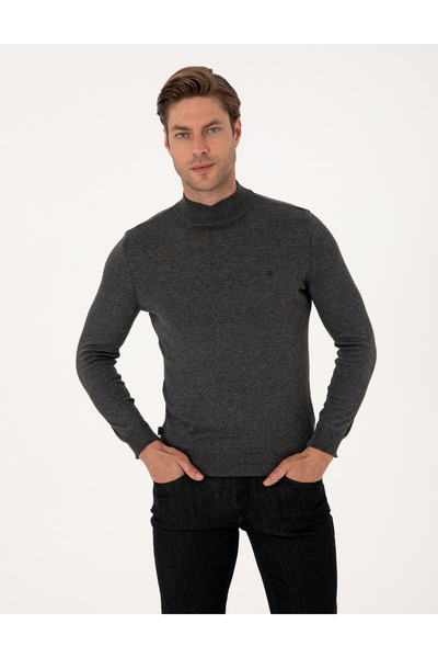 Pierre Cardin Antrasit Melanj Slim Fit Yarım Balıkçı Yaka Basic Triko Kazak 5...