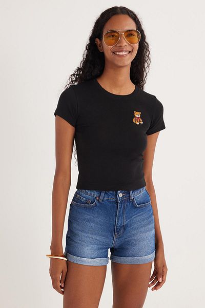 Tudors Women's Slim Fit Slim Fit Short Sleeve Crew Neck Embroidered Black T-Shirt