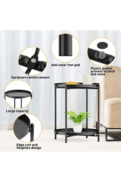 awwaline Round coffee table made of metal, awwaline, black, 2 levels, 42 x 52 cm