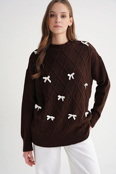 Mixray 6946 Women's Oversize Crew Neck Ribbon Knitwear Sweater Brown