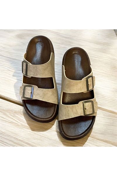 KAFKASLAR AYAKKABI Orthopedic Two-Buckle Men's Cream Slippers