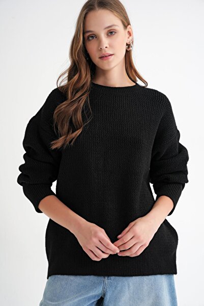 Mixray 6949 Women's Crew Neck Slim Knitted Sweater Black