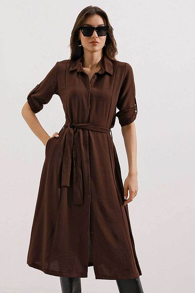 Merterium Women's Belted Shirt Dress Brown 1172