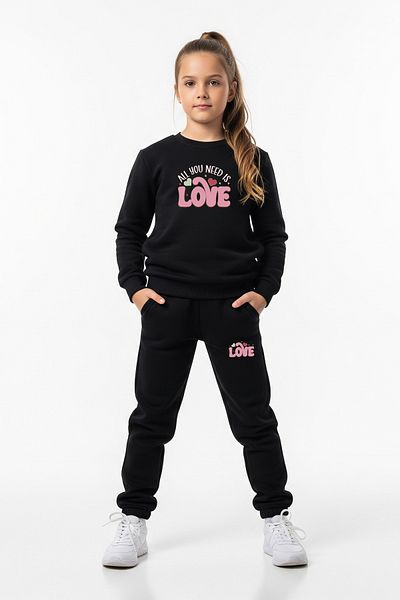 FYK KİDS Plain Round Neck Lowe Text Printed Girl's Tracksuit Set