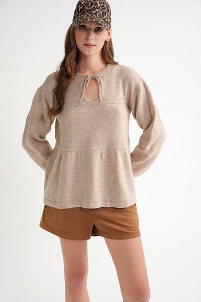 Mixray 6950 Women's Collar Lace-Up Pleated Knitwear Sweater Beige