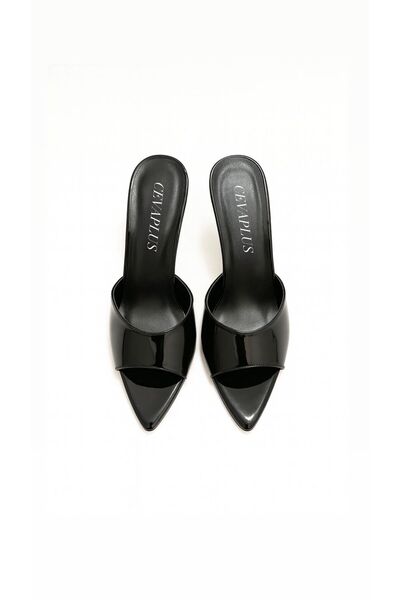 cevaplus Women's Black Patent Leather Heeled Pointed Toe Heeled Slippers