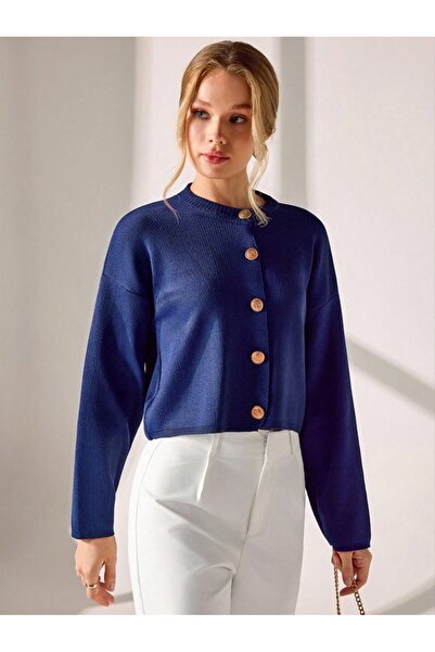 Dier Moda Жіночий трикотажний светр з ґудзиками темно-синього кольору