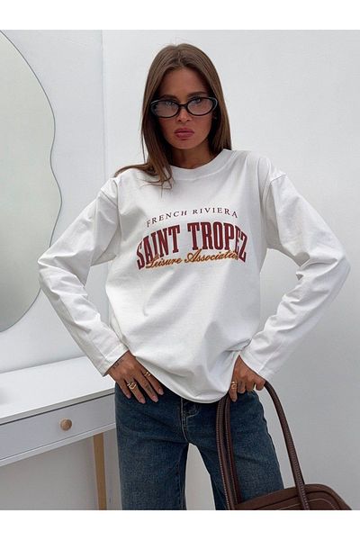 sole stories Rose Women's 100% Cotton Crew Neck Oversize Fit Long Sleeve White Printed T-Shirt