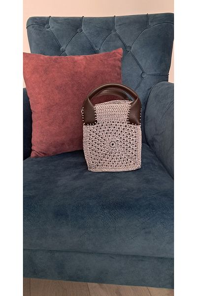 Afilli Stone Gray Brown Design Leather Handle Detailed Hand Knitted Solid Knitwear Wallet Daily Small Hand Bag