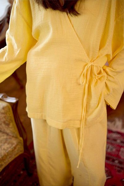 Ceylan Otantik Lemon Yellow Muslin Tie Tunic & Shalwar Trousers Set