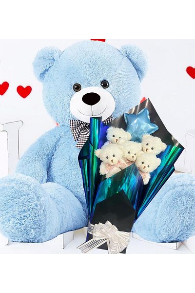 Sole Premium 90 cm Plush Bear and Star Balloon, White Plush Teddy Bear Bouquet in Hologram Presentation