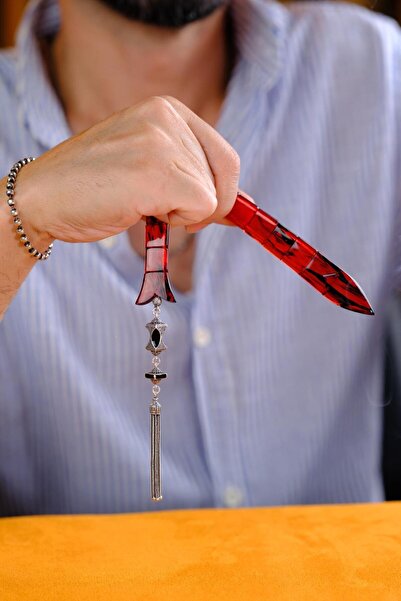 dergah tesbih Özel Koleksiyonluk Gümüş Tasarım Balık Model Kırmızı Hareli Sıkma Kehribar Tesbih