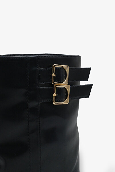 LOJO Kadın Çift Kemer Tokalı Sivri Burun Topuklu Günlük Bot Magris Siyah