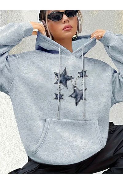 FUFLUNS Star Printed Oversize Unisex Hooded Sweatshirt