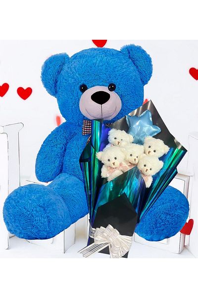 Sole Premium 90 cm Plush Bear and Star Balloon, White Plush Teddy Bear Bouquet in Hologram Presentation