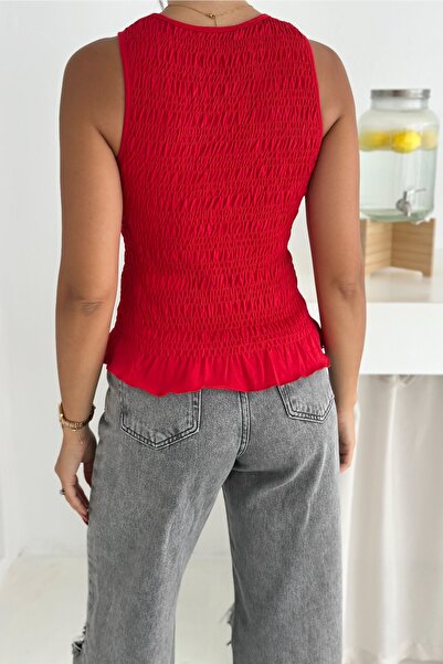 FEMELLE Kırmızı Fırfırlı Büzgülü %100 Pamuk Bluz