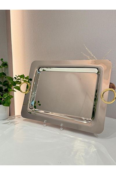 aljahwari Stainless steel serving tray with a round handle, size 50*36 cm