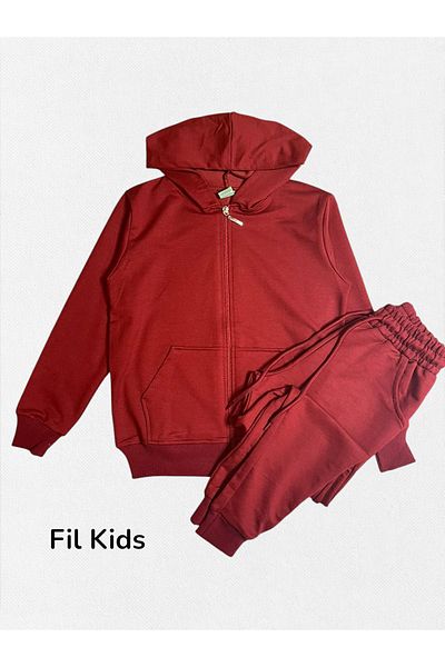 Fil Kids Boys' Burgundy Cotton Hooded Zippered Bottoms with Pockets on the Top Tracksuit Set Suitable for School