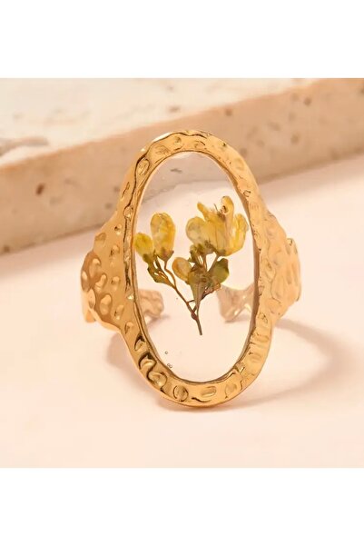 FloresDeCarnaval Oval Formlu Sarı Çiçek Detaylı Çelik Yüzük(Kararma Yapmaz)