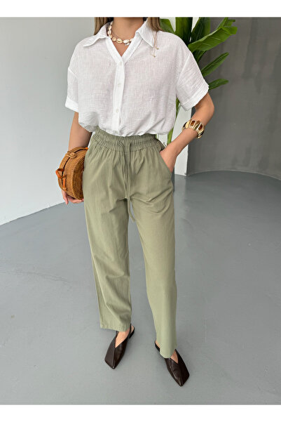 COMBİNE MİCHAİL Γυναικείο ελαστικό λινό παντελόνι με πράσινο όψη