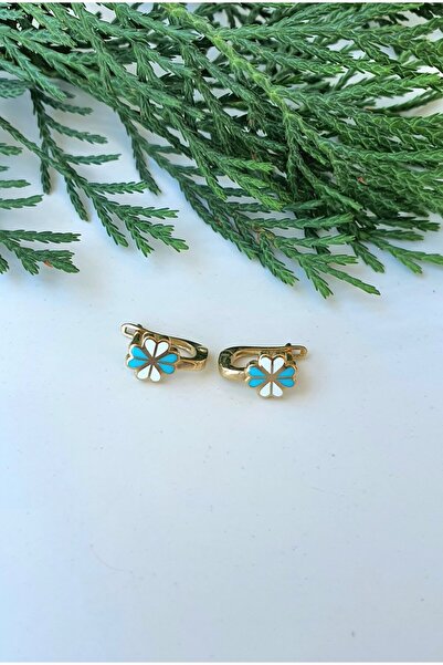 Goldlife jewellery Kız Bebek Çocuk Turkuaz ve Beyaz Çiçekli 14 Ayar Altın Küpe