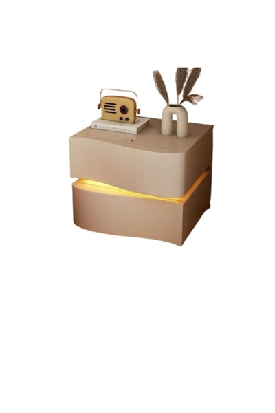 eR D L Noptieră cu 2 sertare din lemn pentru dormitor, - piele, lumină ambien...