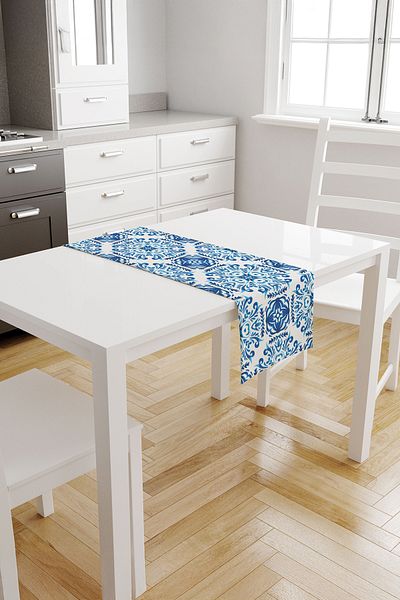 ASDİVA Flowa Ethnic Floral Patterned Runner – Elegant Ethnic Pattern on Blue and White Background 40X140 cm