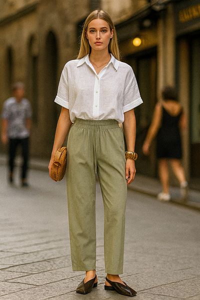 COMBİNE MİCHAİL Pantaloni verzi de damă din in elastic