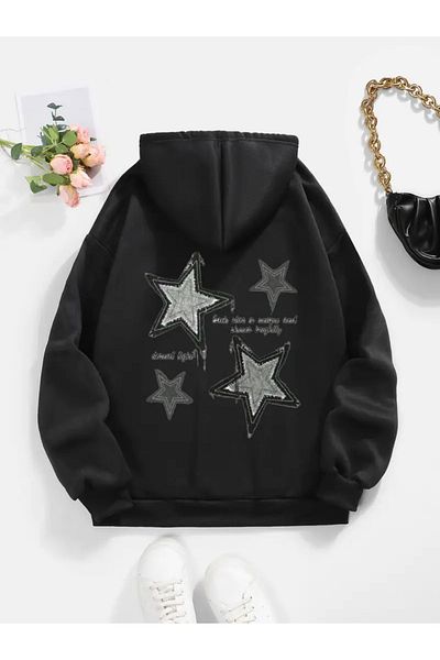 FUFLUNS Star Printed Oversize Unisex Hooded Sweatshirt