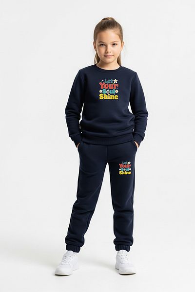 FYK KİDS Plain Round Neck 3-Piece Printed Girls Tracksuit Set