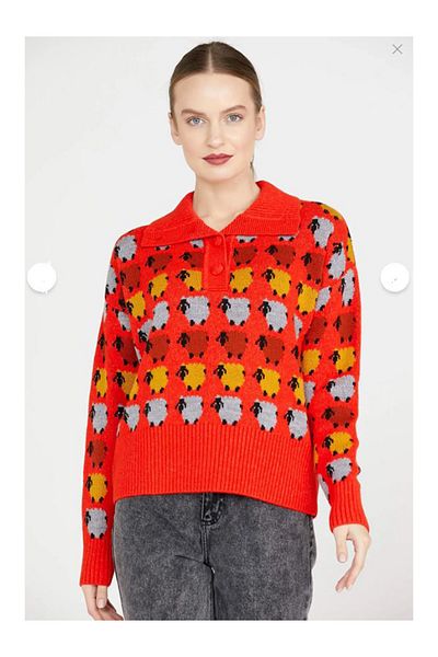 Namaste Vintage Red Color Sheep Pattern Polo Neck Knitwear Sweater