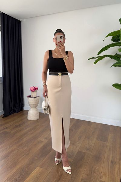 BİRCANÇİL Lolita Beige Front Slit Detailed Maxi Length Skirt