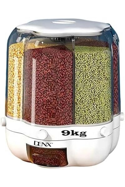 Denx 9kg Rotating Dry Food Storage Container with 6 Sections, 360° Transparent Moisture-Proof Design