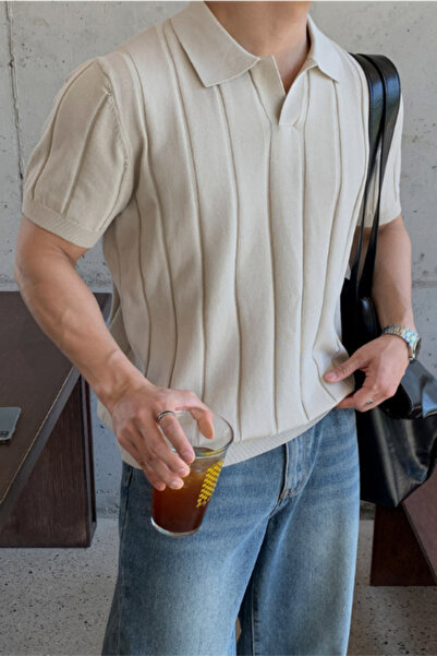 Tarz Cool Men's Beige Striped Short Sleeve Knitwear T-Shirt