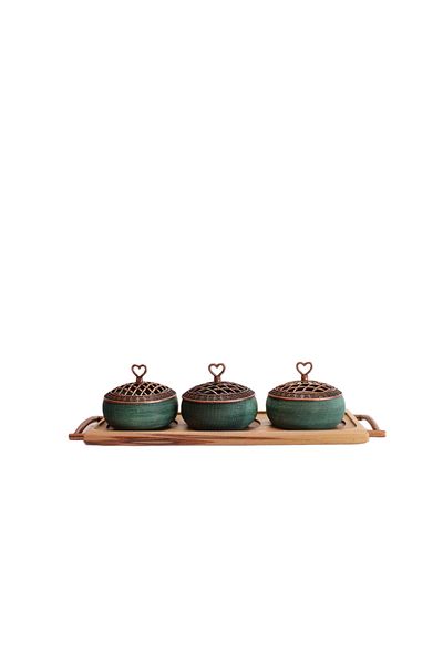 tios home Wooden Bowl Presentation Set with Copper Lid Serving Tray with 3 Bowls and Handles Real Beech Stand