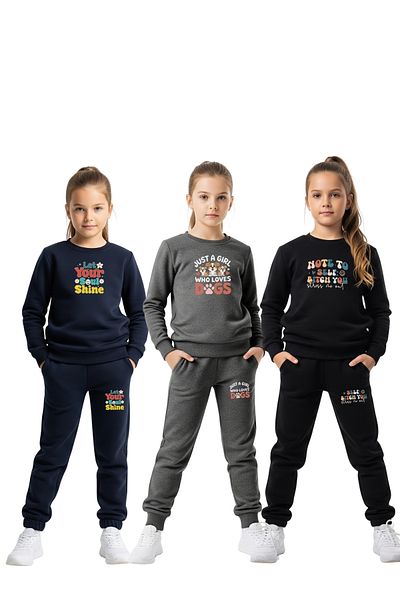 FYK KİDS Plain Round Neck 3-Piece Printed Girls Tracksuit Set