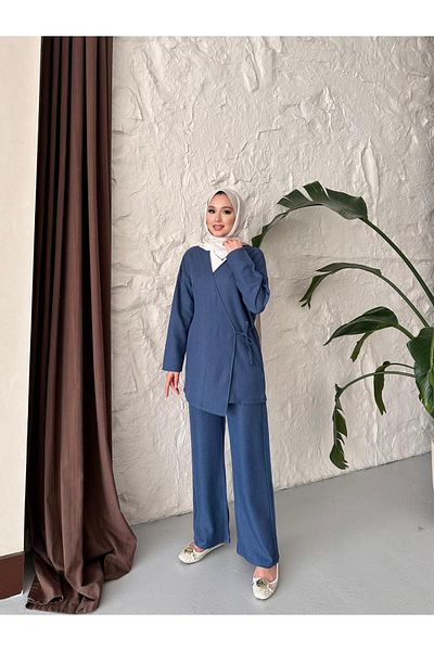 New Lune - Women's Clothing Gray Color Side Tie Linen Tunic Suit Bottom Top Double Suit
