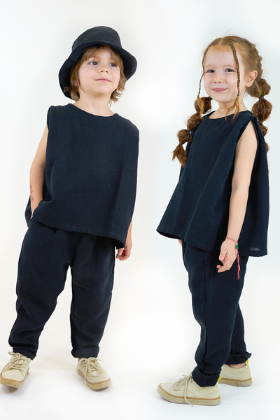 Catz Kids Girl's Black Muslin Pants + Black Muslin Sleeveless T-Shirt
