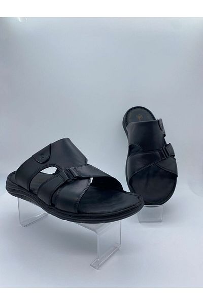 BURAK ALDAY SHOES Men's Genuine Leather Massage Sole Black Slippers