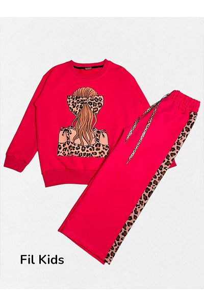 Fil Kids Girls' Cotton Fabric Fuchsia Color 2 Thread Leopard Buckle Patterned Winter Tracksuit Set