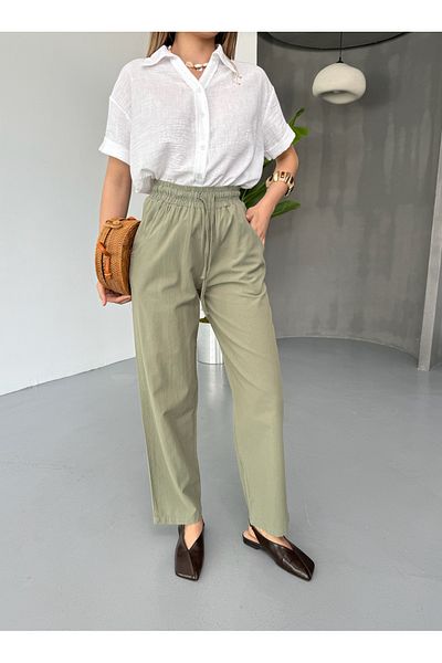 COMBİNE MİCHAİL Pantaloni verzi de damă din in elastic